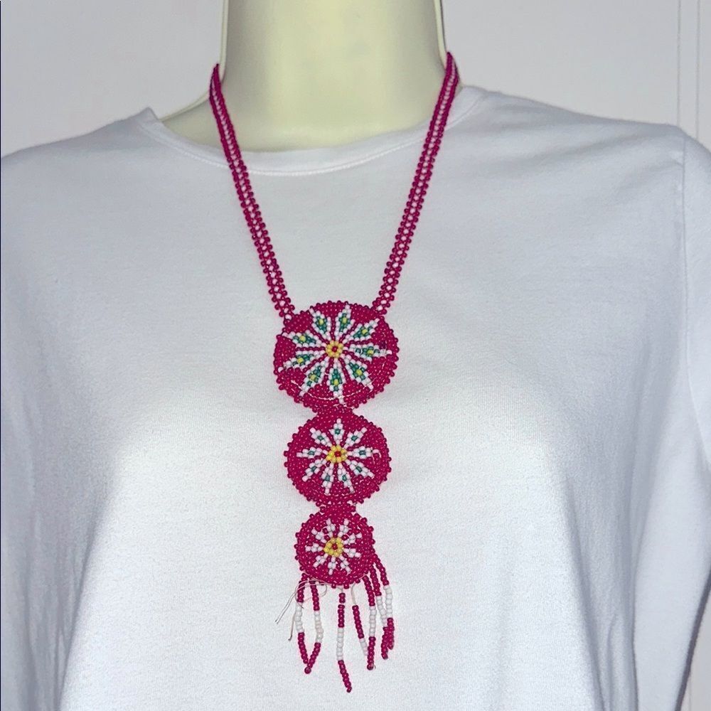 Vintage Handmade Native American Red Triple Medallion Seed Bead Necklace